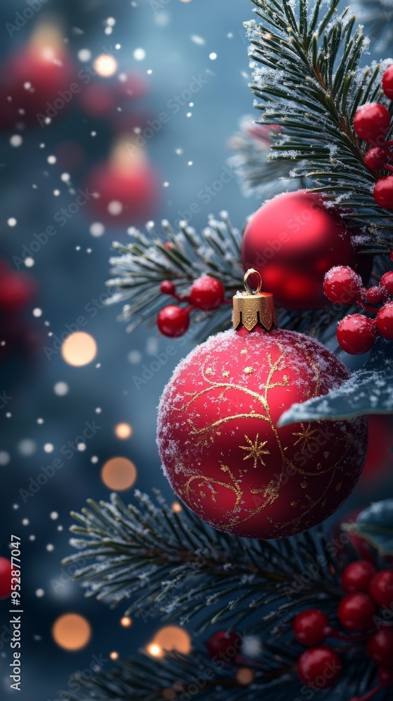 Obraz premium Close-up shot of a decorated Christmas tree branch with red baubles, berries, snow, and twinkling lights in the background