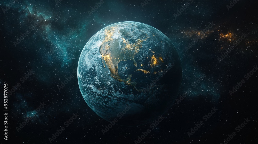Obraz premium Image depicts Earth from space, showcasing illuminated city lights, distinct continents, and a stunning backdrop of stars and galaxies