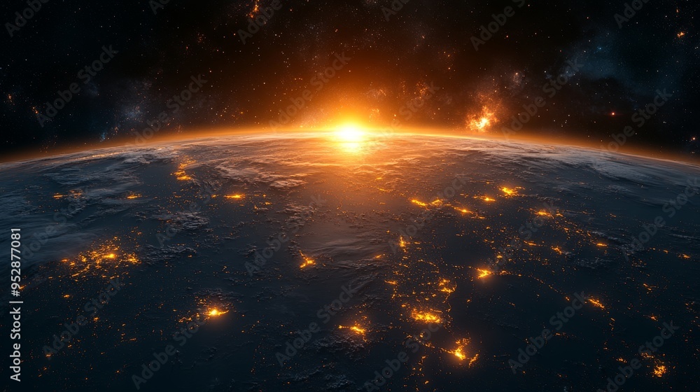 Image shows Earth's horizon from space at dawn, with glowing city lights and a bright, rising sun illuminating the planet Image shows Earth's horizon from space at dawn, with glowing city lights and a bright, rising sun illuminating the planet