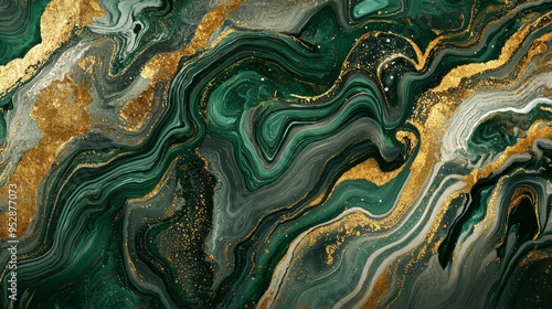 Wallpaper Mural Abstract fluid art painting in green and gold colors, with a luxurious marble effect that resembles malachite stone. Ideal for backgrounds, prints, websites, and more Torontodigital.ca