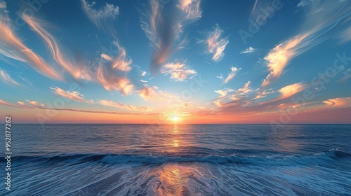 Stunning sunset over the ocean, with vibrant clouds streaking across the sky and gentle waves touching the shore photo