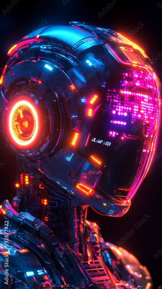 Futuristic, glowing cyborg head with intricate lights and digital patterns, evoking a high-tech, sci-fi aesthetic Futuristic, glowing cyborg head with intricate lights and digital patterns, evoking a high-tech, sci-fi aesthetic