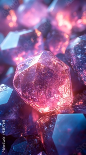 Cluster of glowing, faceted crystals with shades of pink and purple illuminating their reflective surfaces brilliantly