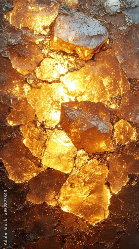 Close-up of glowing amber crystal formations with a warm, golden light shining through the cracks Close-up of glowing amber crystal formations with a warm, golden light shining through the cracks