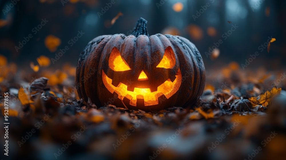 Glowing jack-o'-lantern with a spooky face sits among fallen leaves in a dark, eerie forest scene Glowing jack-o'-lantern with a spooky face sits among fallen leaves in a dark, eerie forest scene