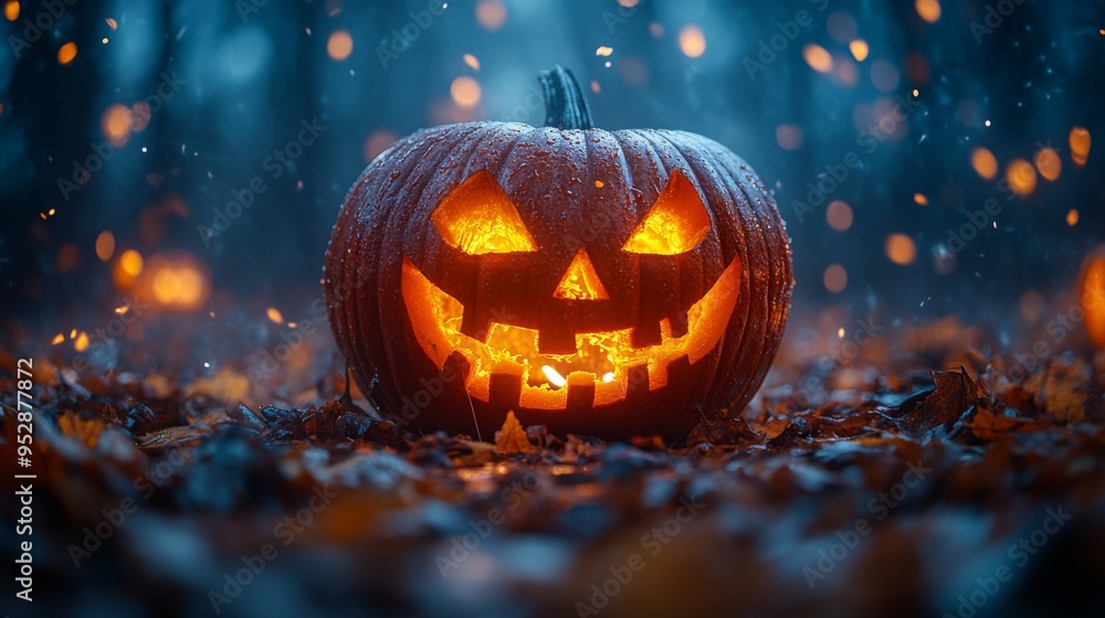 Glowing jack-o'-lantern sits among autumn leaves in a dark, atmospheric forest with floating embers creating a mystical scene Glowing jack-o'-lantern sits among autumn leaves in a dark, atmospheric forest with floating embers creating a mystical scene