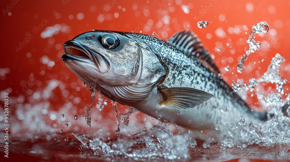 Fish is dramatically leaping out of the water, causing splashes against a vibrant red background, creating a dynamic scene Fish is dramatically leaping out of the water, causing splashes against a vibrant red background, creating a dynamic scene
