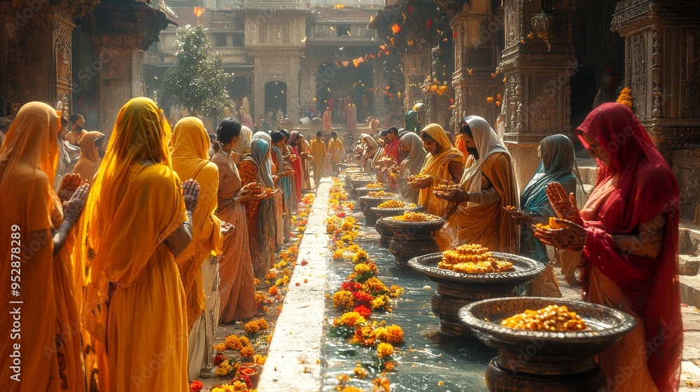 Group of people in vibrant traditional attire participate in a ritual at a beautifully decorated, ornate historical site Group of people in vibrant traditional attire participate in a ritual at a beautifully decorated, ornate historical site