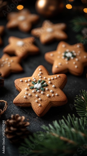 This image features star-shaped gingerbread cookies decorated with white icing, surrounded by pine branches, pinecones, and warm bokeh lights