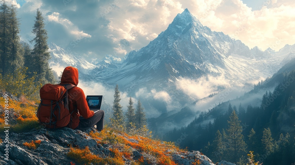 Lone hiker in a red jacket sits on a hillside, using a laptop, surrounded by majestic mountains and trees Lone hiker in a red jacket sits on a hillside, using a laptop, surrounded by majestic mountains and trees
