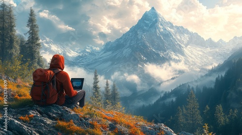 Lone hiker in a red jacket sits on a hillside, using a laptop, surrounded by majestic mountains and trees
