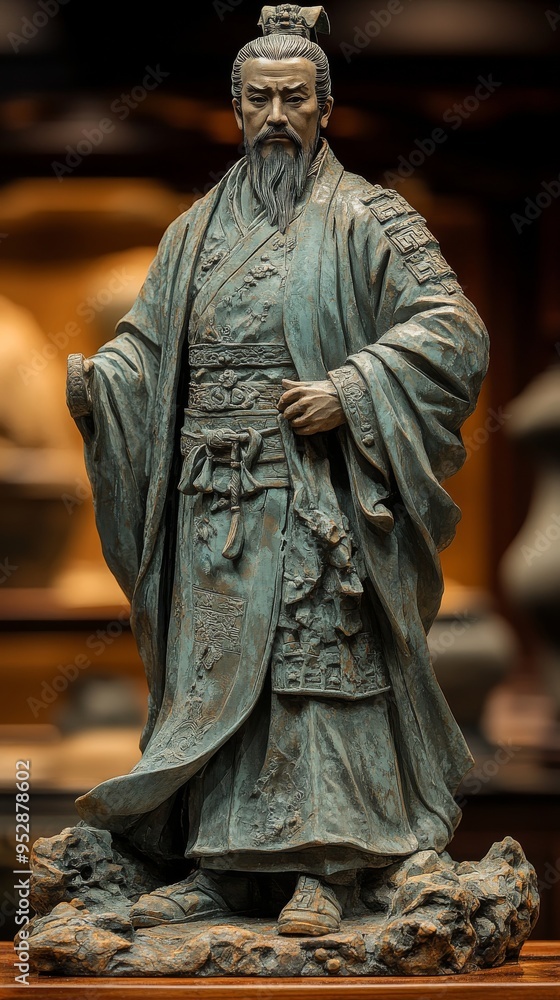 Detailed statue of a bearded man with traditional robes, standing on a rocky base with intricate carvings Detailed statue of a bearded man with traditional robes, standing on a rocky base with intricate carvings