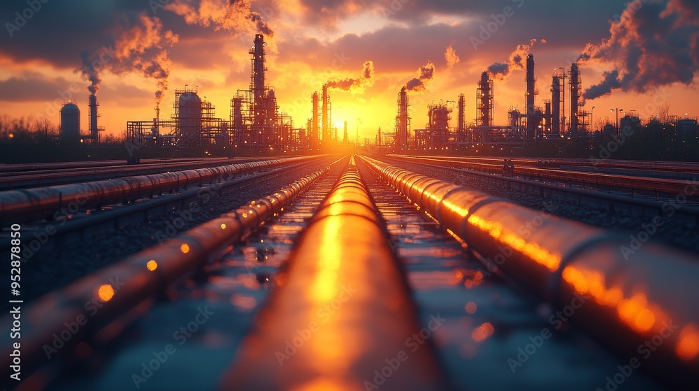 Dramatic sunset illuminates industrial pipelines and smokestacks, creating a striking contrast between the warm sky and cool metal Dramatic sunset illuminates industrial pipelines and smokestacks, creating a striking contrast between the warm sky and cool metal