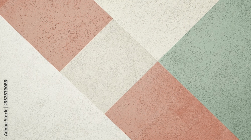 Fototapeta premium Modern and stylish abstract geometric background is featuring a textured surface divided into triangles of pastel green, pink, and cream colors. This design evokes feelings of peace and serenity