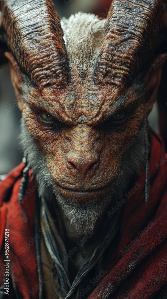Detailed, close-up portrait of a menacing, horned creature with textured skin, intense eyes, and wearing red attire Detailed, close-up portrait of a menacing, horned creature with textured skin, intense eyes, and wearing red attire