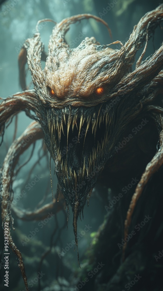 Menacing, monstrous creature with glowing eyes, sharp teeth, and tentacle-like appendages in a dark forest Menacing, monstrous creature with glowing eyes, sharp teeth, and tentacle-like appendages in a dark forest