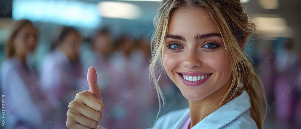 Close-up of a smiling female doctor showing a thumbs-up sign, with a blurred group of student doctors in the background. Close-up of a smiling female doctor showing a thumbs-up sign, with a blurred group of student doctors in the background.