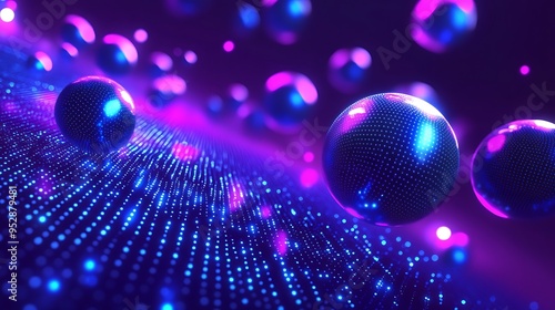 Reflective Spheres and Glowing Dots on a Purple Background