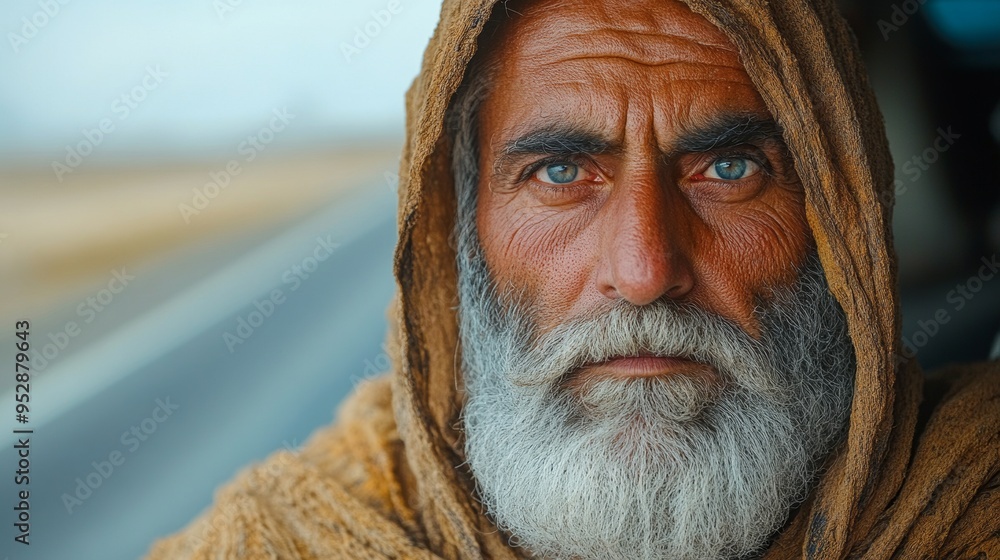 Image shows an older man with striking blue eyes, a white beard, and a brown hooded cloak, standing outdoors Image shows an older man with striking blue eyes, a white beard, and a brown hooded cloak, standing outdoors