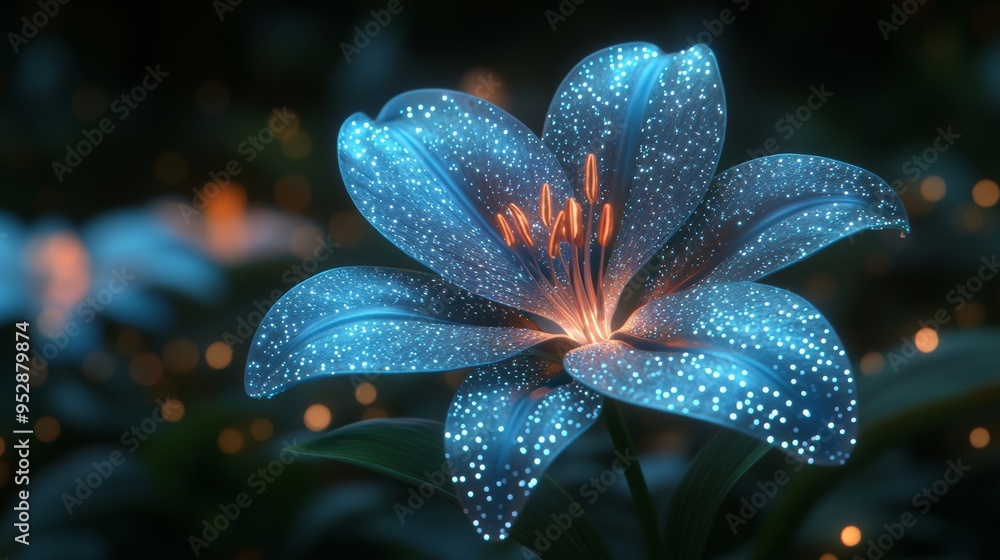 Glowing, bioluminescent flower with blue petals and orange stamens, surrounded by softly lit background foliage Glowing, bioluminescent flower with blue petals and orange stamens, surrounded by softly lit background foliage