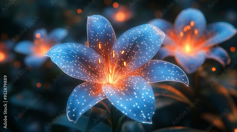 Luminous blue flower, glowing with intricate orange patterns, stands out beautifully against a dark, blurred background with similar blooms Luminous blue flower, glowing with intricate orange patterns, stands out beautifully against a dark, blurred background with similar blooms