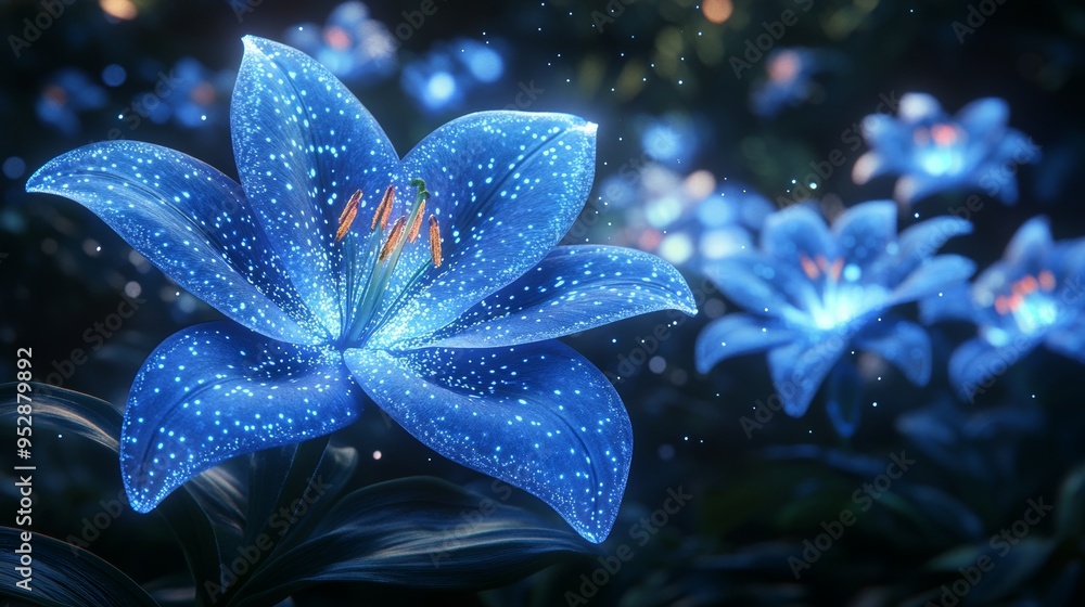 Image shows glowing blue flowers with intricate patterns and detailed petals, set against a softly lit, blurred background Image shows glowing blue flowers with intricate patterns and detailed petals, set against a softly lit, blurred background