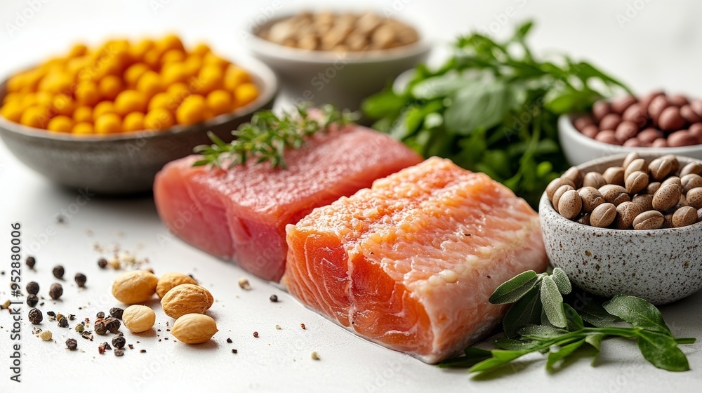 Image shows raw salmon and tuna filets with bowls of fresh ingredients, herbs, and spices arranged around them Image shows raw salmon and tuna filets with bowls of fresh ingredients, herbs, and spices arranged around them