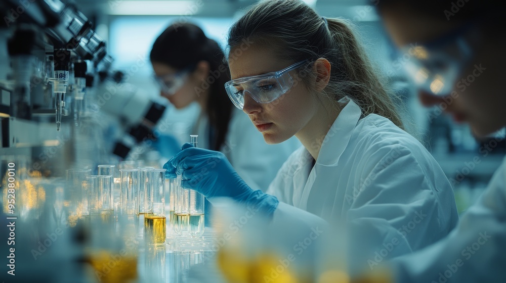 Three scientists in a lab wearing safety goggles and gloves, working with test tubes and scientific equipment focused and precise Three scientists in a lab wearing safety goggles and gloves, working with test tubes and scientific equipment focused and precise