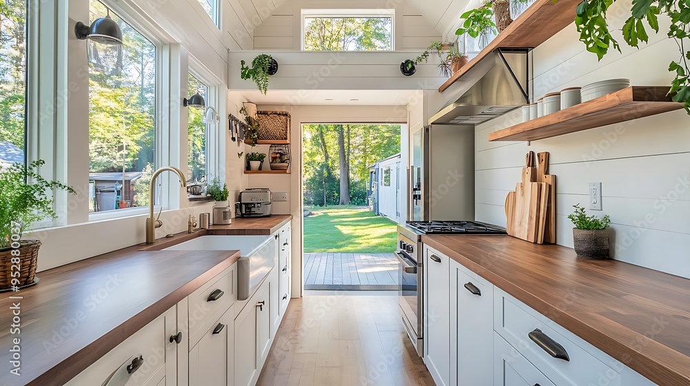 Modern kitchen with white cabinets, wooden countertops, farmhouse sink, and a view of a green backyard. Modern kitchen with white cabinets, wooden countertops, farmhouse sink, and a view of a green backyard.