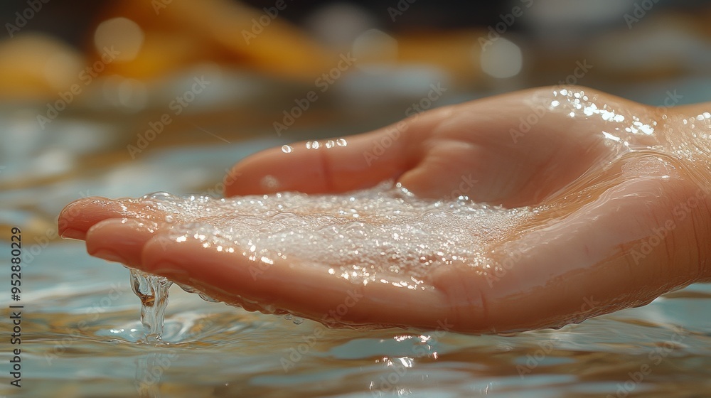 Fototapeta premium Hand is cupping clear water, with light reflecting off both the water and the skin, creating a serene scene