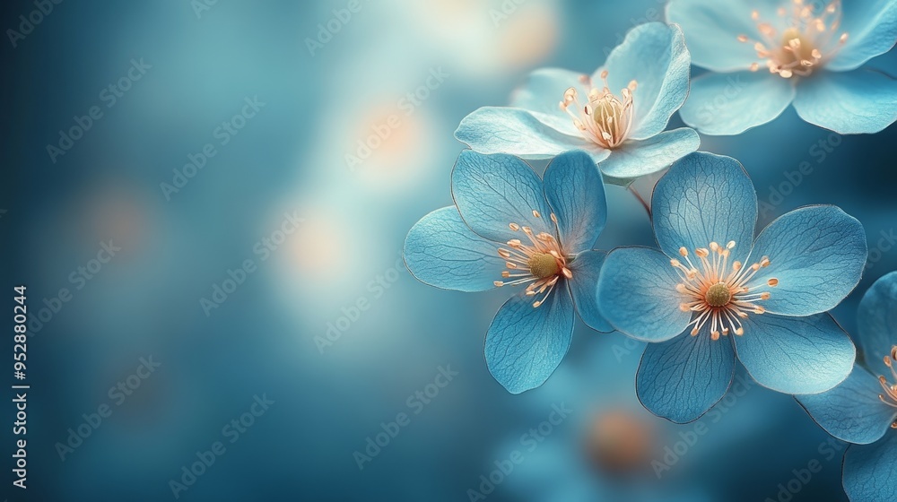 Image features delicate blue flowers with intricate petals and stamens, set against a soft, blurred blue background, creating a serene ambiance Image features delicate blue flowers with intricate petals and stamens, set against a soft, blurred blue background, creating a serene ambiance