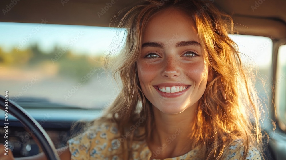 Young woman with long hair and a bright smile, sitting inside a car on a sunny day Young woman with long hair and a bright smile, sitting inside a car on a sunny day
