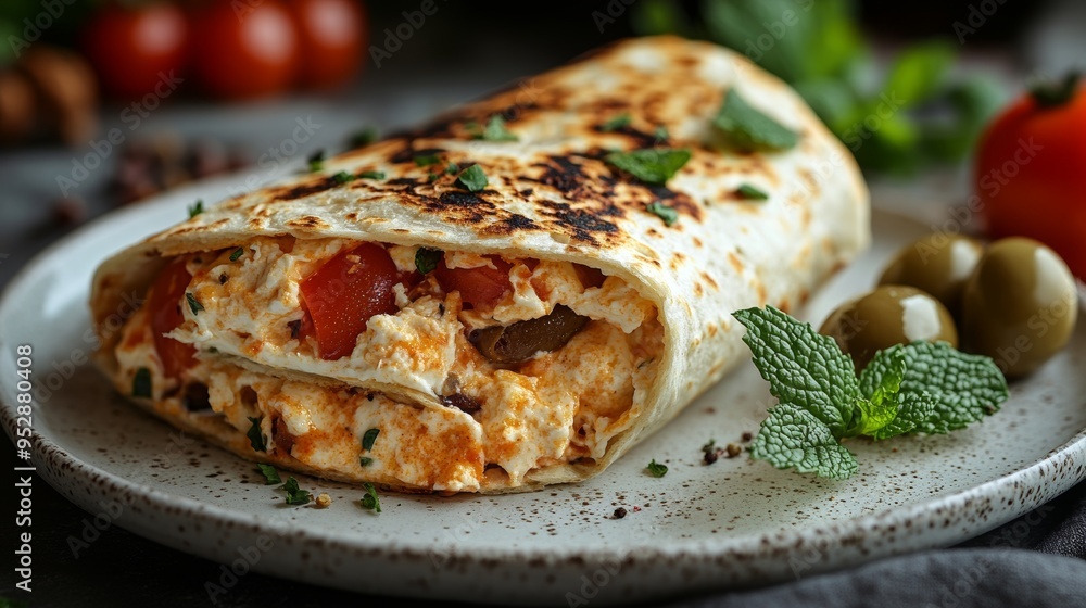Delicious-looking stuffed wrap with various fillings is on a plate, garnished with mint leaves and accompanied by olives Delicious-looking stuffed wrap with various fillings is on a plate, garnished with mint leaves and accompanied by olives