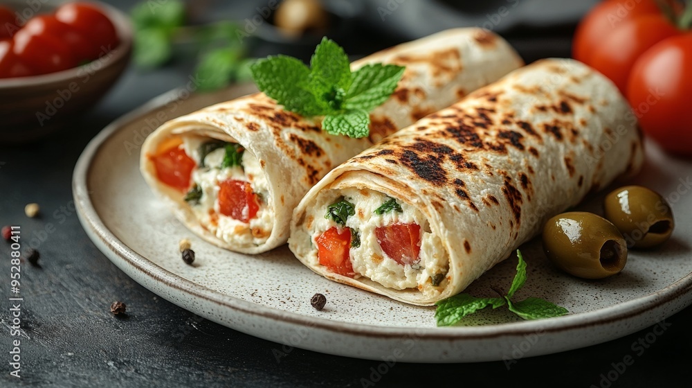Image shows two grilled wraps stuffed with fresh vegetables and cheese, garnished with mint, served with green olives Image shows two grilled wraps stuffed with fresh vegetables and cheese, garnished with mint, served with green olives