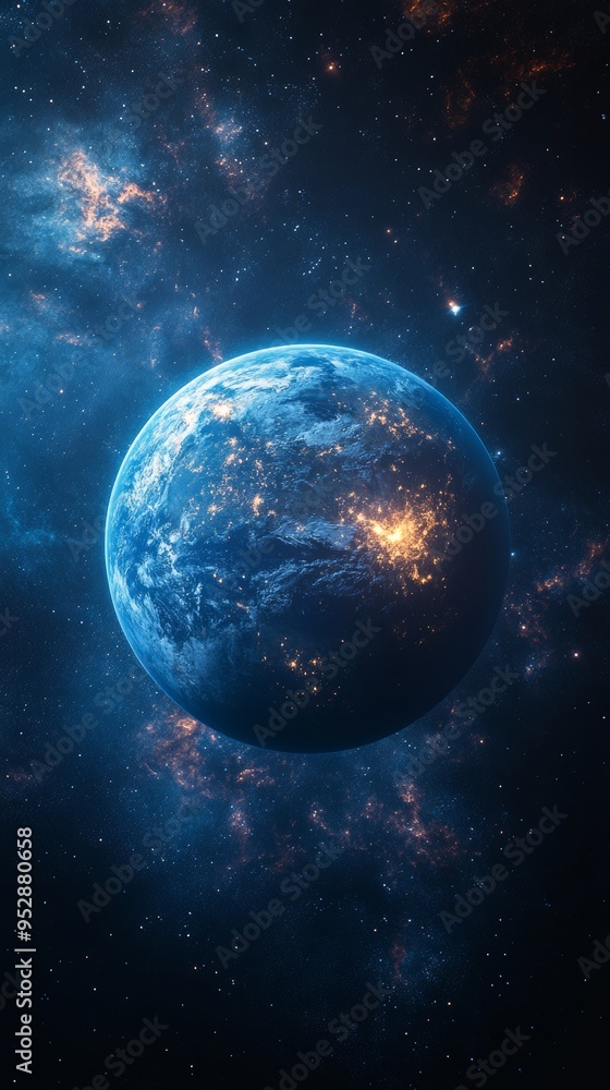 Obraz premium Planet in space with glowing lights on its surface, surrounded by numerous stars and cosmic clouds