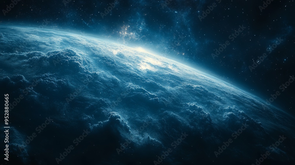 Stunning view of the Earth from space with an expanse of clouds, stars, and a glowing horizon Stunning view of the Earth from space with an expanse of clouds, stars, and a glowing horizon