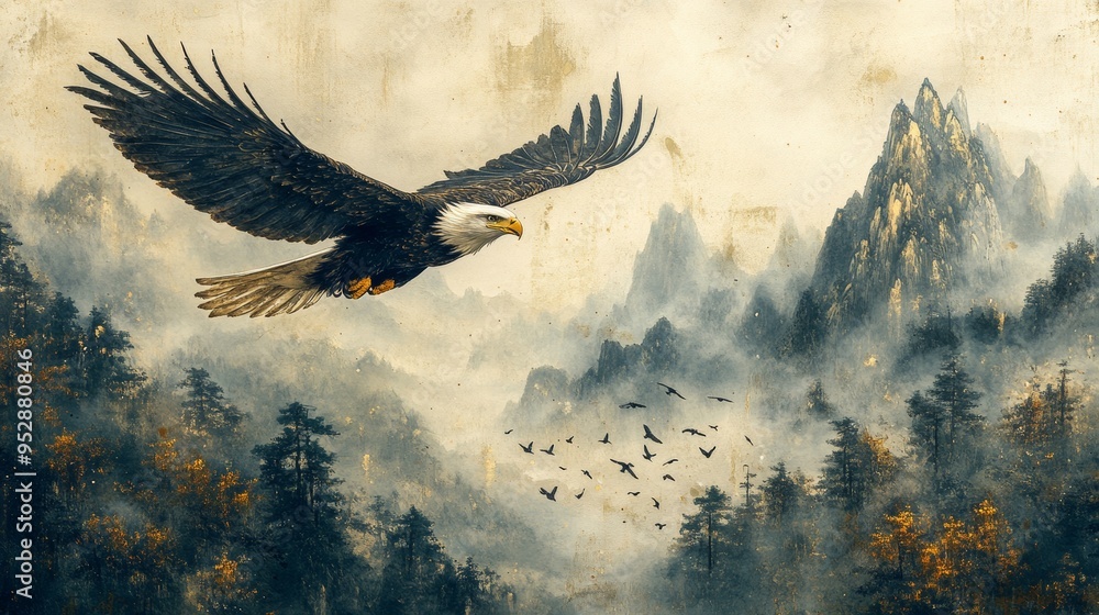 Fototapeta premium Majestic eagle soars above a misty forest with towering mountains, as a flock of birds flies below it
