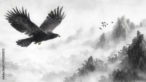 Majestic eagle soars over misty, mountainous terrain while smaller birds fly in the distance, creating a serene landscape scene photo