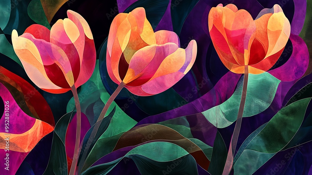 Abstract Art of Three Tulips with Swirling Background Abstract Art of Three Tulips with Swirling Background