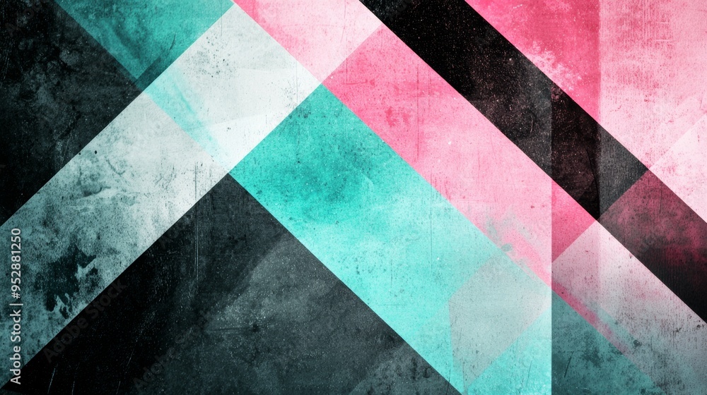 Fototapeta premium Geometric shapes in teal, pink, white, and black are layered on top of one another creating a grunge textured abstract background
