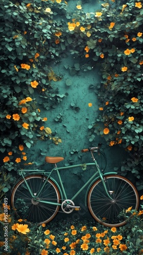 Vintage green bicycle is leaning against a teal wall adorned with lush green vines and vibrant yellow flowers