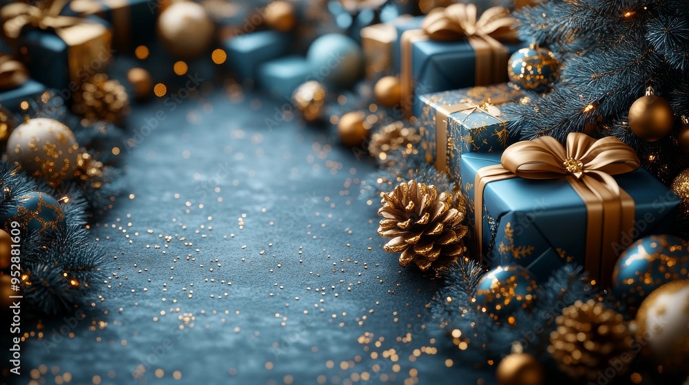 Festive scene with wrapped gifts, pine cones, ornaments, and twinkling lights, arranged around a dark, sparkly surface Festive scene with wrapped gifts, pine cones, ornaments, and twinkling lights, arranged around a dark, sparkly surface