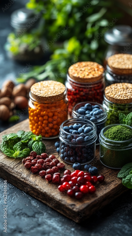 Image displays jars of colorful spices and berries on a wooden board, with fresh herbs and nuts in the background Image displays jars of colorful spices and berries on a wooden board, with fresh herbs and nuts in the background