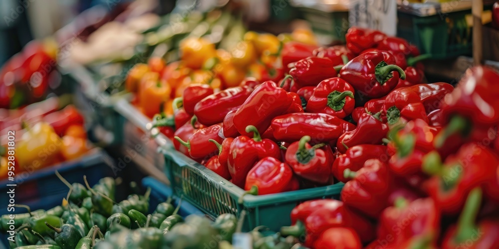 Close up photo of vivid red peppers displayed at a busy market stall The ripe colorful peppers are artfully arranged in an array of shapes and sizes showcasing their vibrant beauty Close up photo of vivid red peppers displayed at a busy market stall The ripe colorful peppers are artfully arranged in an array of shapes and sizes showcasing their vibrant beauty