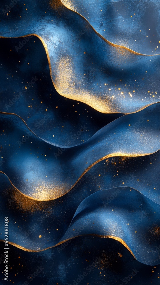 Image showcases abstract, flowing, wave-like patterns in shades of blue with gold speckles and accents, evoking a sense of movement Image showcases abstract, flowing, wave-like patterns in shades of blue with gold speckles and accents, evoking a sense of movement