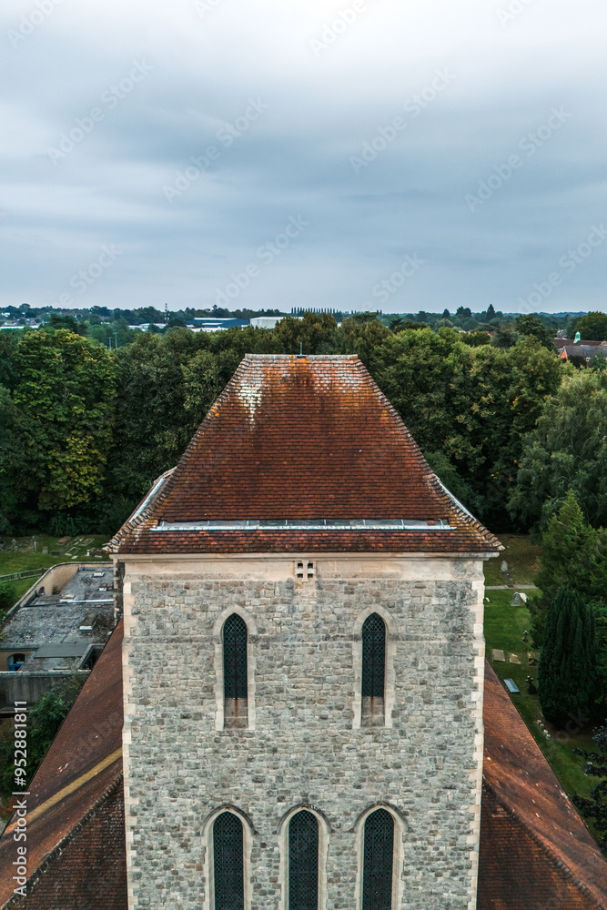 Aerial drone shot of All Saints Church in Bishops Stortford in England Aerial drone shot of All Saints Church in Bishops Stortford in England