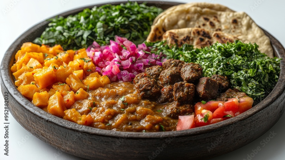 Platter with flatbreads, chopped greens, tomatoes, spiced potatoes, red onions, meat pieces, and a rich curry Platter with flatbreads, chopped greens, tomatoes, spiced potatoes, red onions, meat pieces, and a rich curry