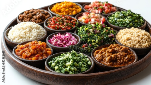 Wooden tray displays a vibrant assortment of twelve bowls filled with various colorful salads, grains, and vegetable dishes