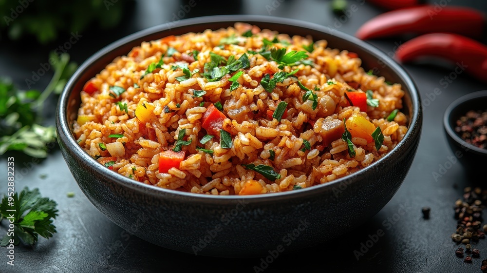 Bowl of Traditional Spanish Farro Rice with Red Peppers and Coriander – Top View on White Background
Bowl of Traditional Spanish Farro Rice with Red Peppers and Coriander – Top View on White Background