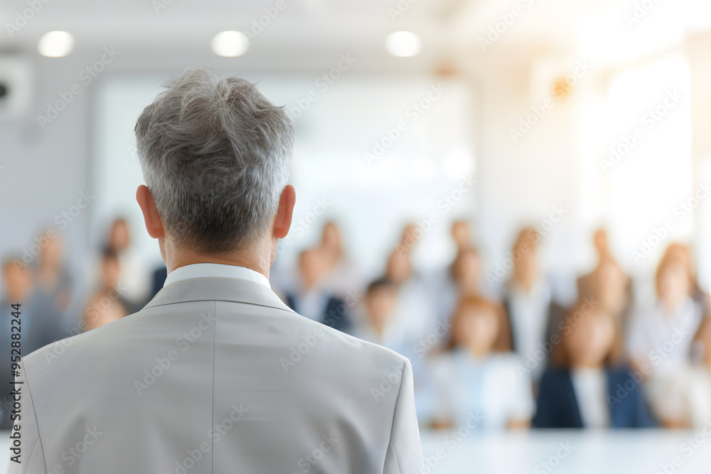 Rear View of Business Coach Facing a Group of People | Professional Training and Leadership Development Session Rear View of Business Coach Facing a Group of People | Professional Training and Leadership Development Session